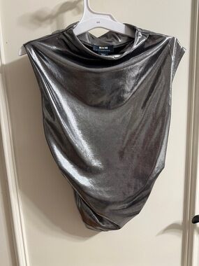 Maeve Metallic Silver Draped High-Neck Sleeveless Bodysuit